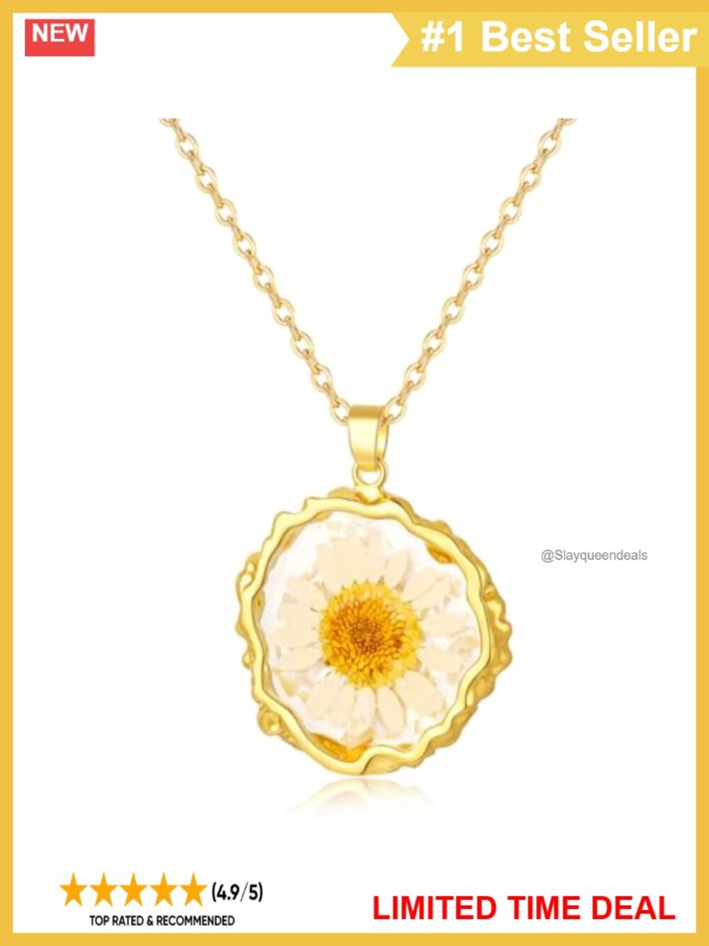 Handmade Real Pressed Daisy Necklace 14K Gold Plated Brass Chain 18 Inch